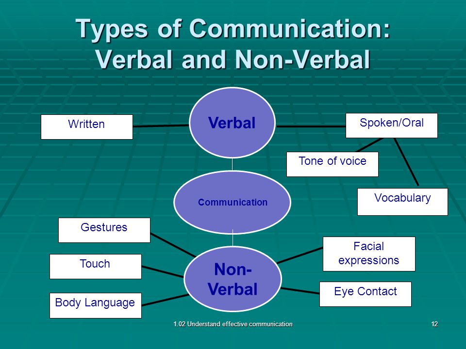 Types of Communication: Verbal and Non-Verbal Body Language Touch Gestures Written Spoken/Oral Tone of voice Facial expressions Eye Contact Vocabulary 1.02 Understand effective communication12 Non- Verbal Verbal Communication