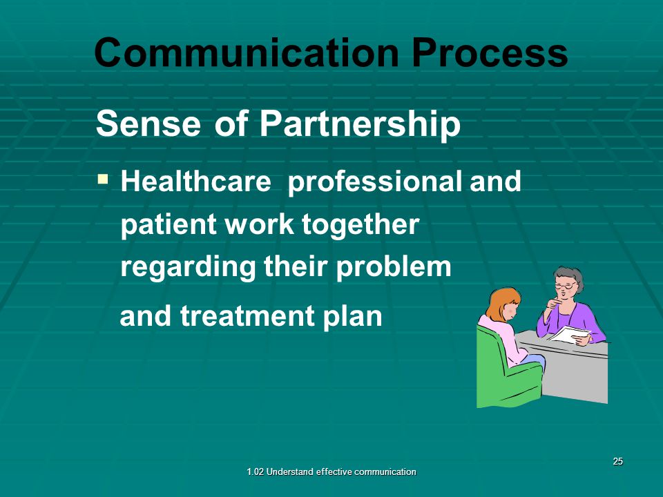 Communication Process Sense of Partnership   Healthcare professional and patient work together regarding their problem and treatment plan 1.02 Understand effective communication 25