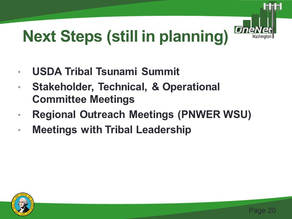 Page 20 USDA Tribal Tsunami Summit Stakeholder, Technical, & Operational Committee Meetings Regional Outreach Meetings (PNWER WSU) Meetings with Tribal Leadership Next Steps (still in planning)