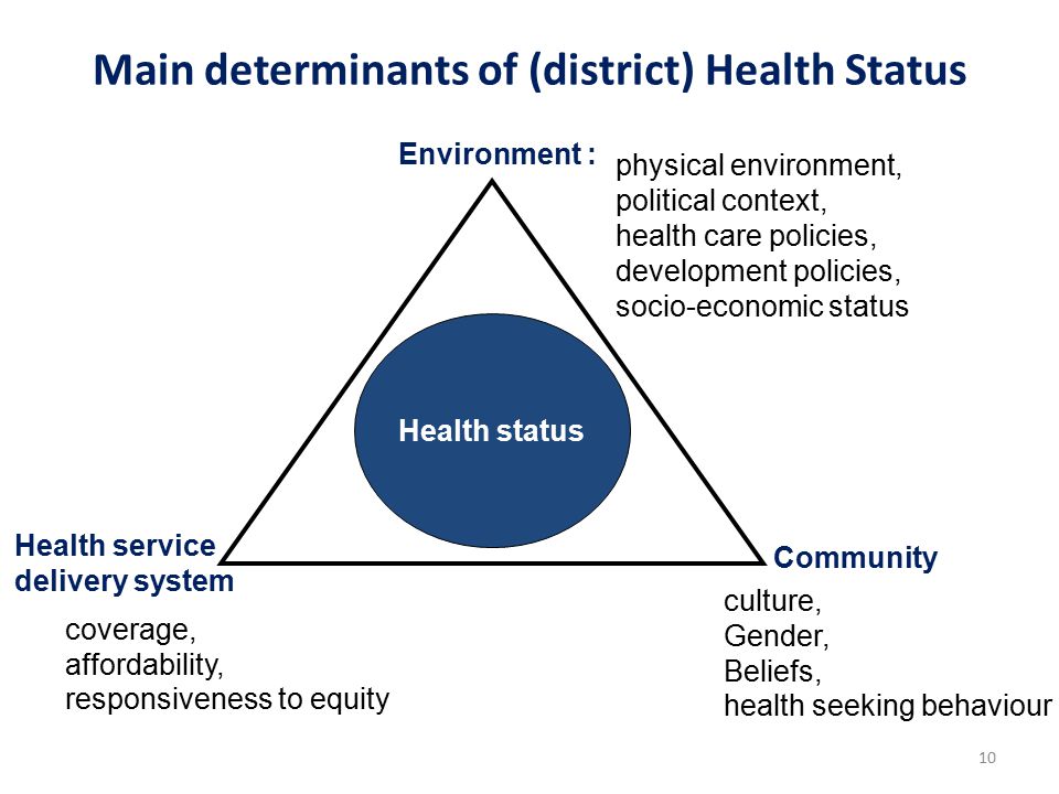 Main determinants of (district) Health Status Health status Environment : Health service delivery system Community 10 physical environment, political context, health care policies, development policies, socio-economic status coverage, affordability, responsiveness to equity culture, Gender, Beliefs, health seeking behaviour