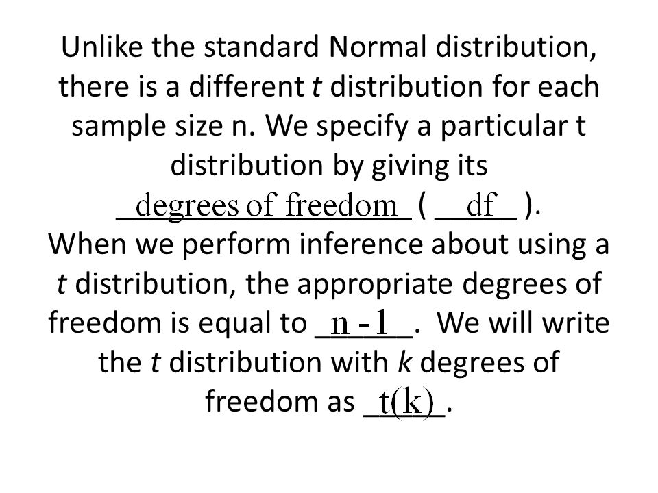 Unlike the standard Normal distribution, there is a different t distribution for each sample size n.