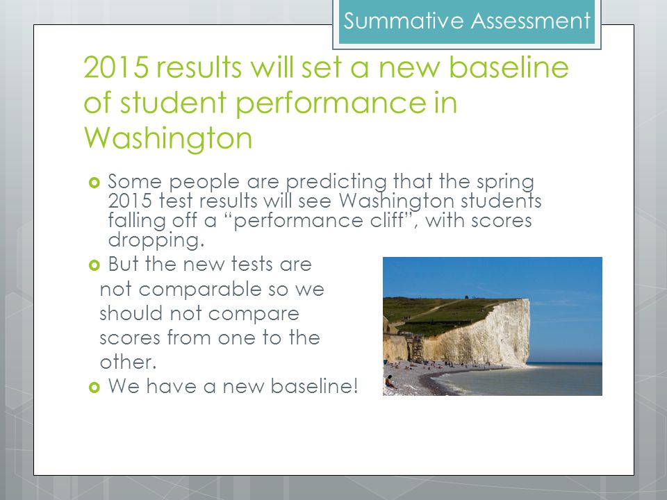 2015 results will set a new baseline of student performance in Washington  Some people are predicting that the spring 2015 test results will see Washington students falling off a performance cliff , with scores dropping.