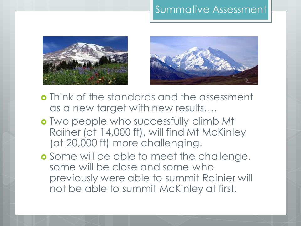  Think of the standards and the assessment as a new target with new results….