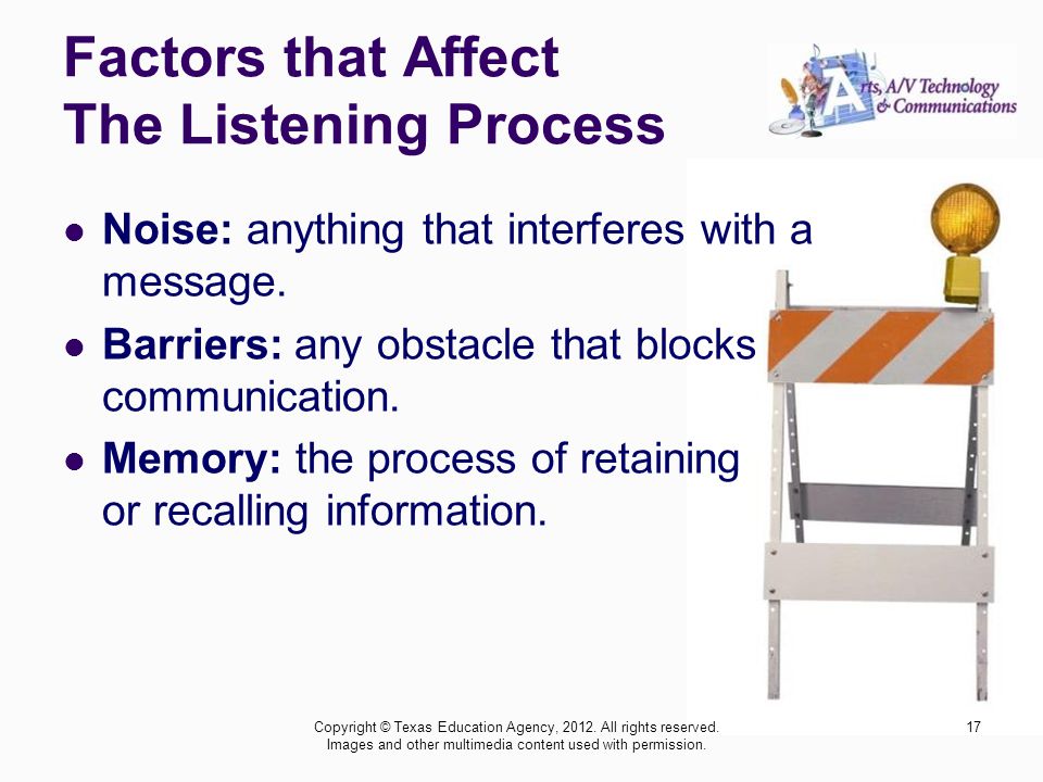 Factors that Affect The Listening Process Noise: anything that interferes with a message.