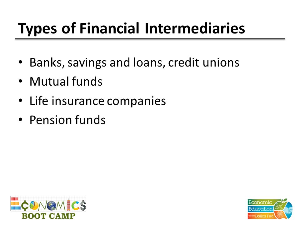 Types of Financial Intermediaries Banks, savings and loans, credit unions Mutual funds Life insurance companies Pension funds