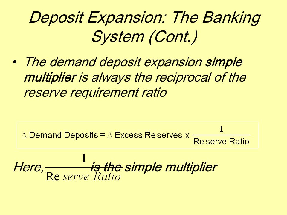 Deposit Expansion: The Banking System (Cont.) The demand deposit expansion simple multiplier is always the reciprocal of the reserve requirement ratio Here, is the simple multiplier