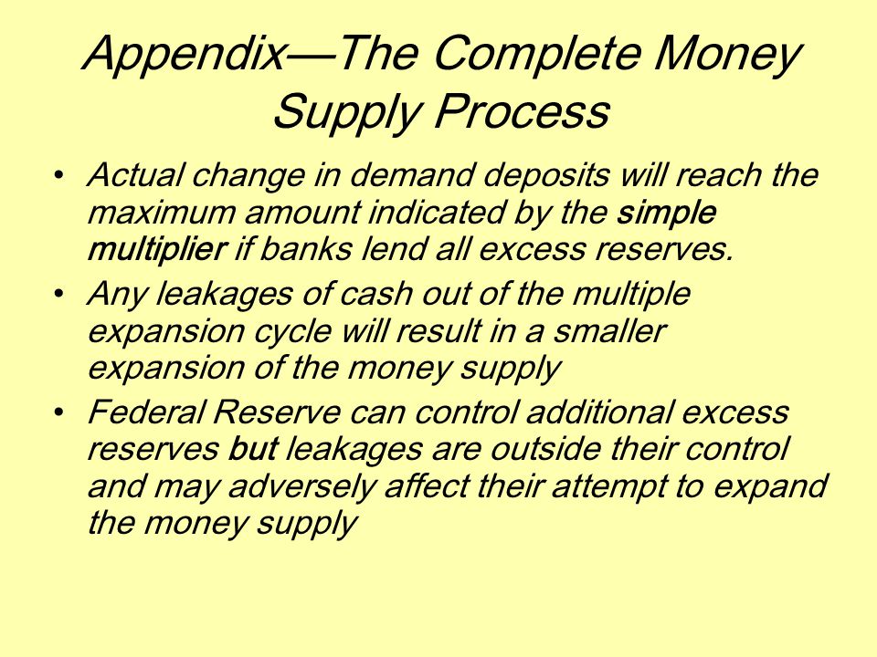 Appendix—The Complete Money Supply Process Actual change in demand deposits will reach the maximum amount indicated by the simple multiplier if banks lend all excess reserves.