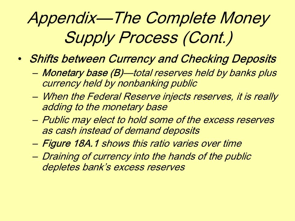 Appendix—The Complete Money Supply Process (Cont.) Shifts between Currency and Checking Deposits –Monetary base (B)—total reserves held by banks plus currency held by nonbanking public –When the Federal Reserve injects reserves, it is really adding to the monetary base –Public may elect to hold some of the excess reserves as cash instead of demand deposits –Figure 18A.1 shows this ratio varies over time –Draining of currency into the hands of the public depletes bank’s excess reserves