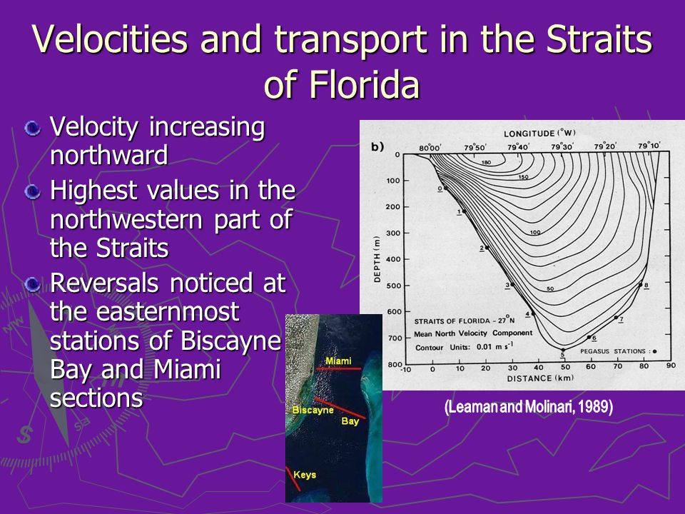 Velocities and transport in the Straits of Florida Velocity increasing northward Highest values in the northwestern part of the Straits Reversals noticed at the easternmost stations of Biscayne Bay and Miami sections