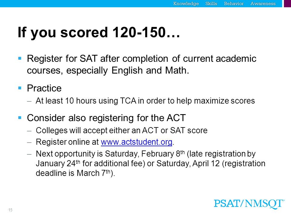 15 If you scored …  Register for SAT after completion of current academic courses, especially English and Math.