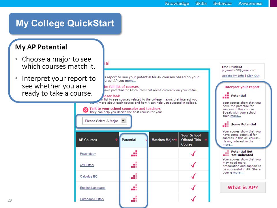 28 My College QuickStart My AP Potential Choose a major to see which courses match it.