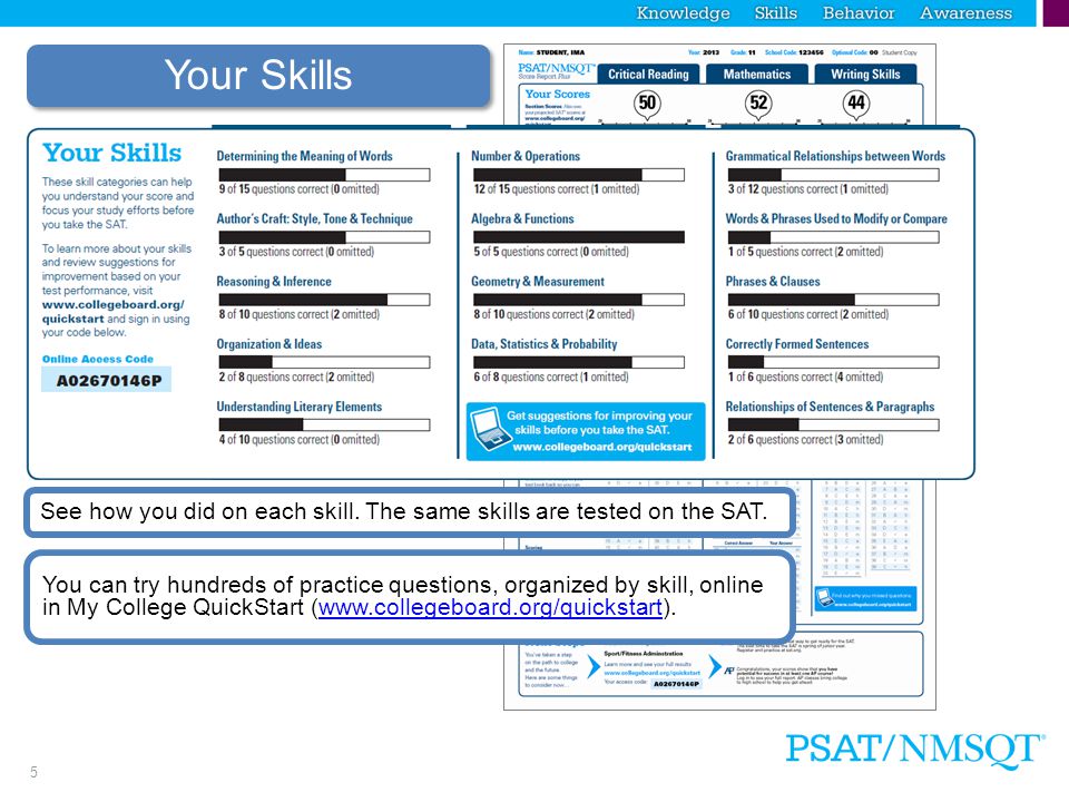 5 See how you did on each skill. The same skills are tested on the SAT.