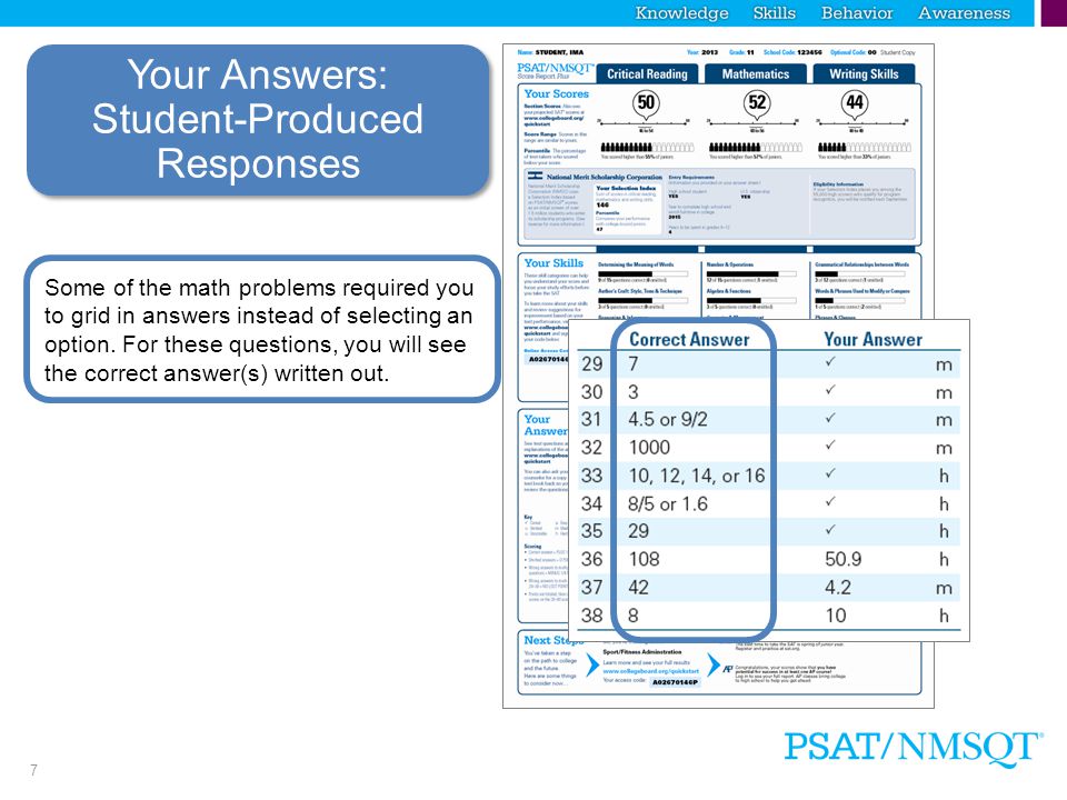 7 Your Answers: Student-Produced Responses Some of the math problems required you to grid in answers instead of selecting an option.