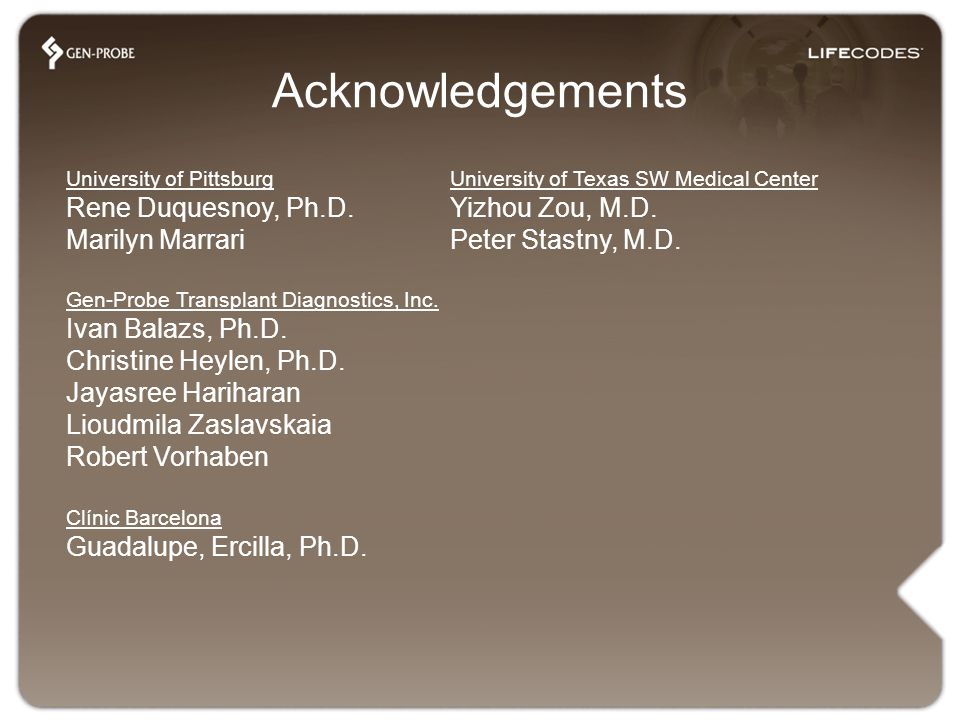 Acknowledgements University of PittsburgUniversity of Texas SW Medical Center Rene Duquesnoy, Ph.D.Yizhou Zou, M.D.