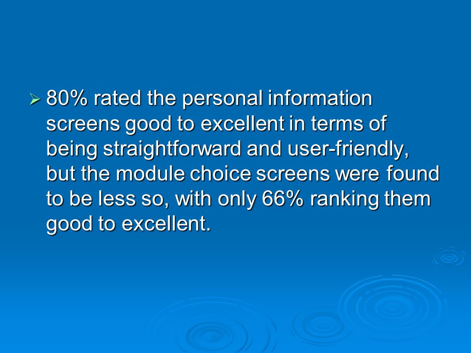  80% rated the personal information screens good to excellent in terms of being straightforward and user-friendly, but the module choice screens were found to be less so, with only 66% ranking them good to excellent.