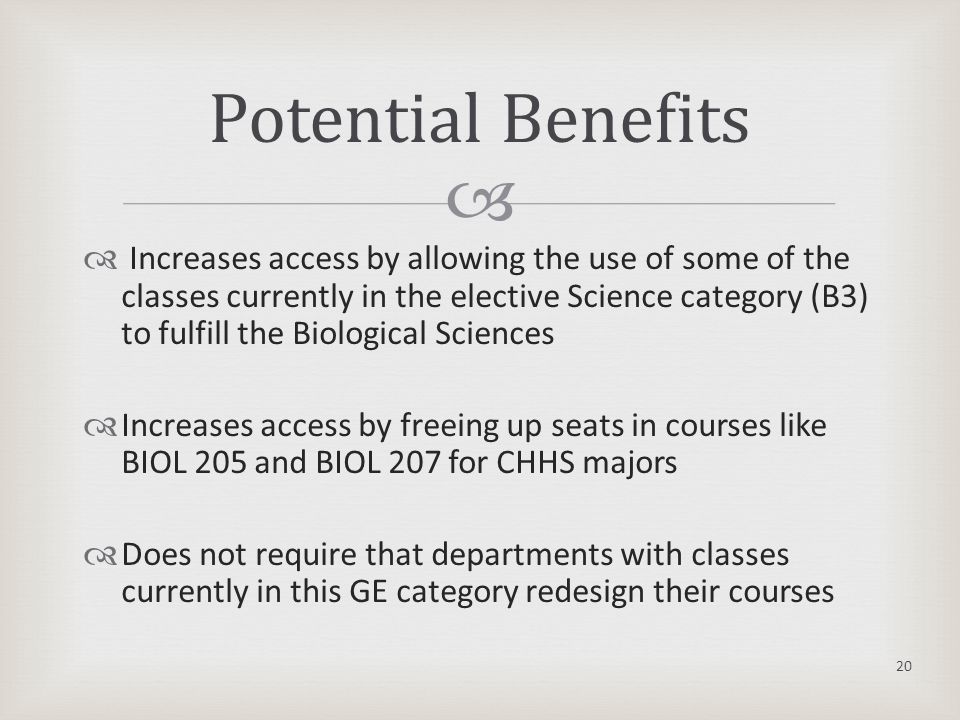   Increases access by allowing the use of some of the classes currently in the elective Science category (B3) to fulfill the Biological Sciences  Increases access by freeing up seats in courses like BIOL 205 and BIOL 207 for CHHS majors  Does not require that departments with classes currently in this GE category redesign their courses Potential Benefits 20