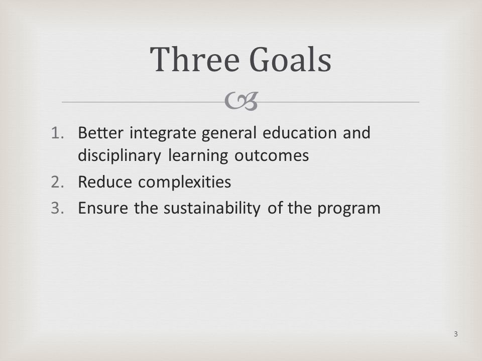  1.Better integrate general education and disciplinary learning outcomes 2.Reduce complexities 3.Ensure the sustainability of the program Three Goals 3