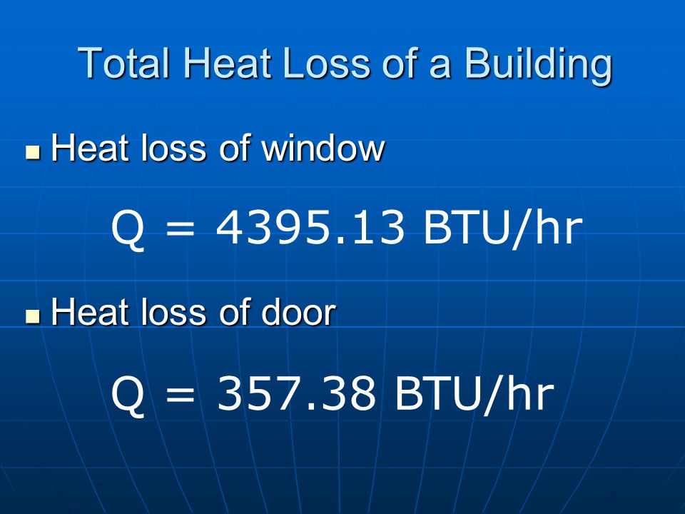 Total Heat Loss of a Building Inside temperature is 70°F and outside temperature is 10°F Inside temperature is 70°F and outside temperature is 10°F Heat loss of wall Heat loss of wall T = 70°F Q = BTU/hr
