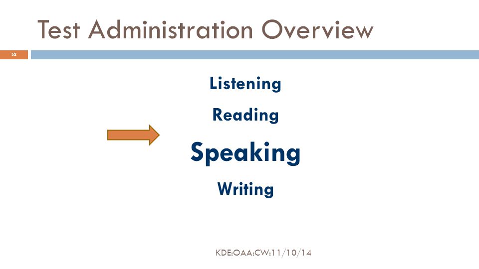 Test Administration Overview Listening Reading Speaking Writing 52 KDE:OAA:CW:11/10/14