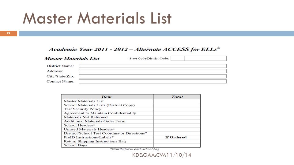 Master Materials List 79 KDE:OAA:CW:11/10/14