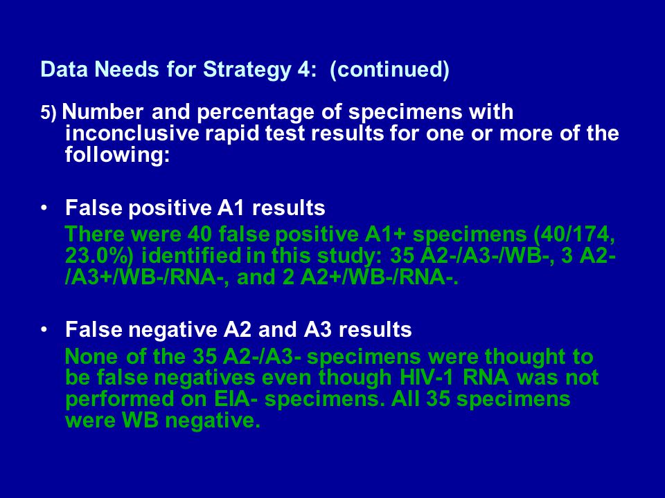 Data Needs for Strategy 4: (continued) 5) Number and percentage of specimens with inconclusive rapid test results for one or more of the following: False positive A1 results There were 40 false positive A1+ specimens (40/174, 23.0%) identified in this study: 35 A2-/A3-/WB-, 3 A2- /A3+/WB-/RNA-, and 2 A2+/WB-/RNA-.
