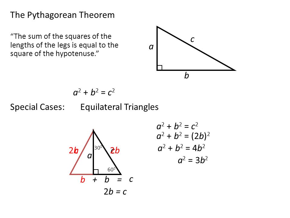 The Pythagorean Theorem a c b The sum of the squares of the lengths of the legs is equal to the square of the hypotenuse. a 2 + b 2 = c 2 Special Cases:Equilateral Triangles a c b b c += c 2b = c 2b2b2b2b a 2 + b 2 = c 2 a 2 + b 2 = (2b) 2 a 2 + b 2 = 4b 2 a 2 = 3b