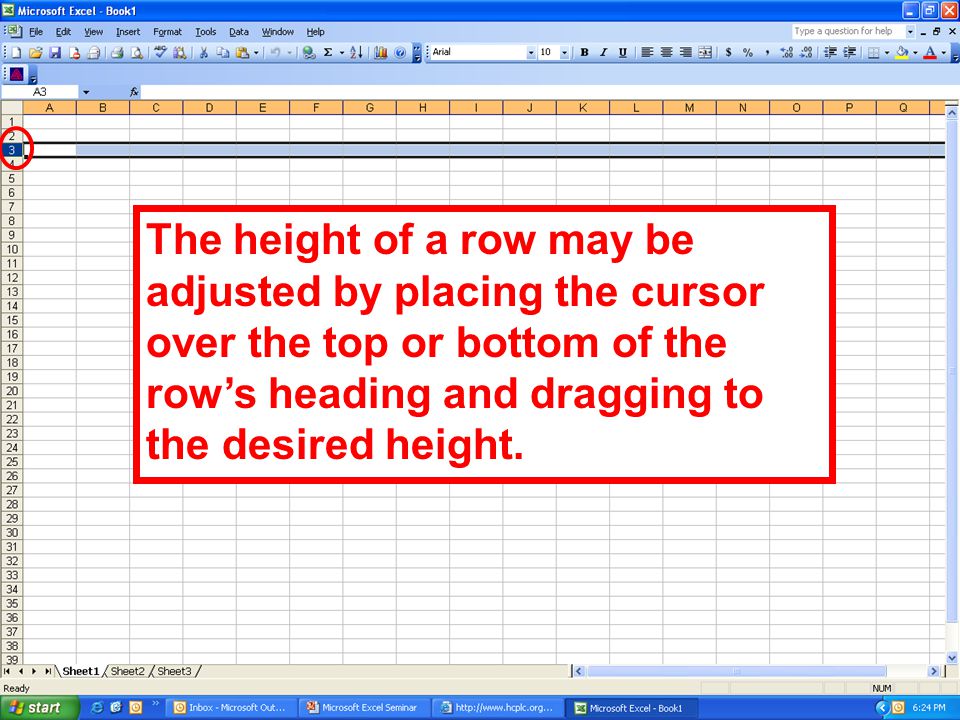 The height of a row may be adjusted by placing the cursor over the top or bottom of the row’s heading and dragging to the desired height.