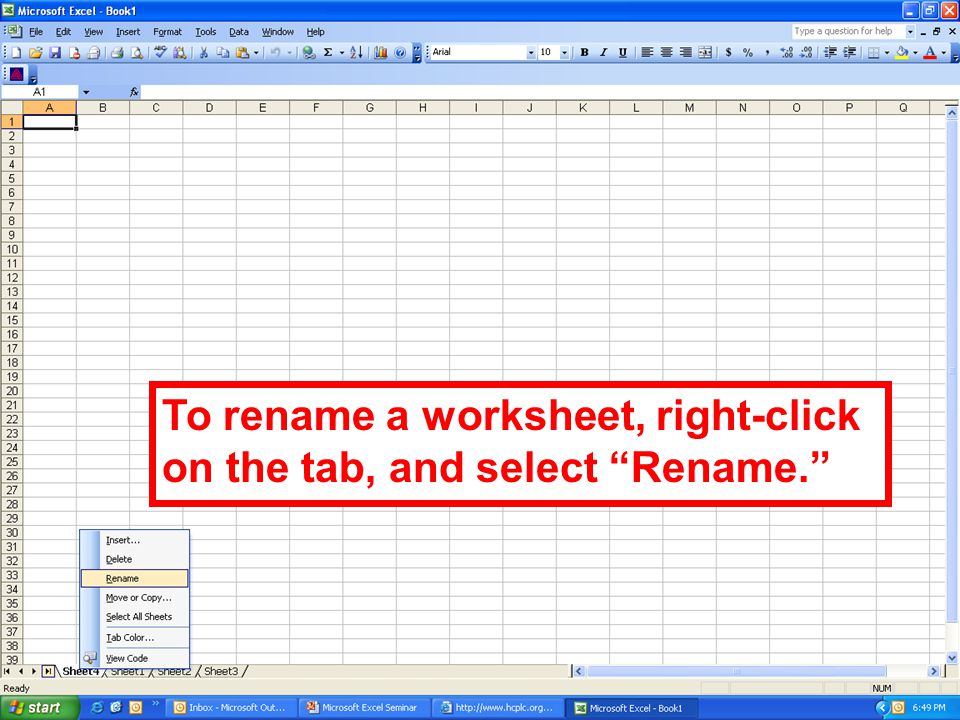 To rename a worksheet, right-click on the tab, and select Rename.