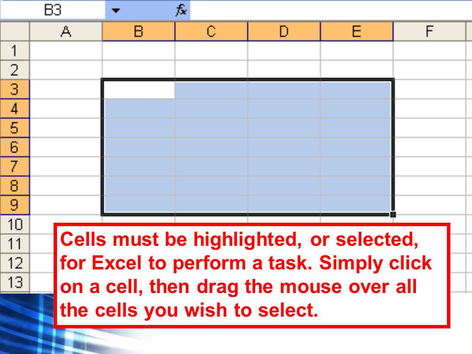 Cells must be highlighted, or selected, for Excel to perform a task.