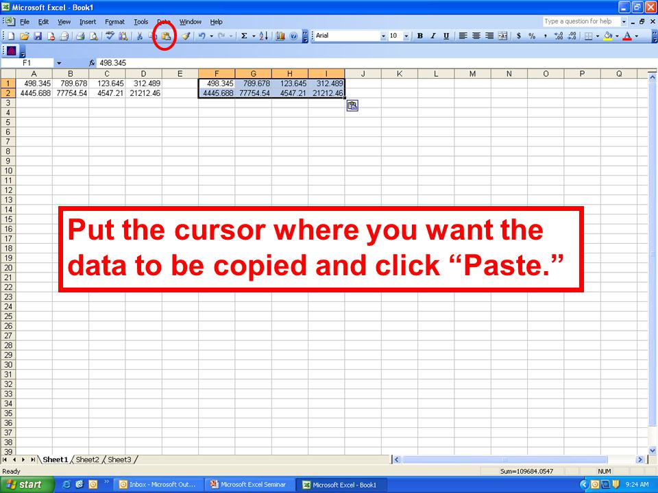 Put the cursor where you want the data to be copied and click Paste.