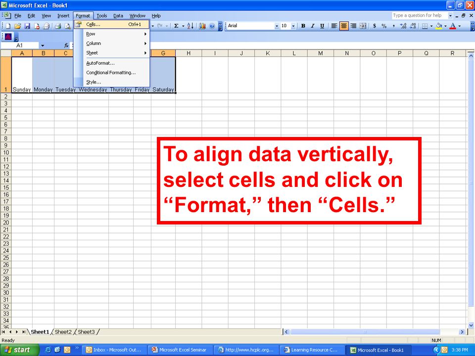 To align data vertically, select cells and click on Format, then Cells.