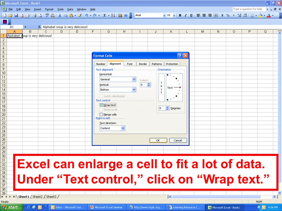 Excel can enlarge a cell to fit a lot of data. Under Text control, click on Wrap text.