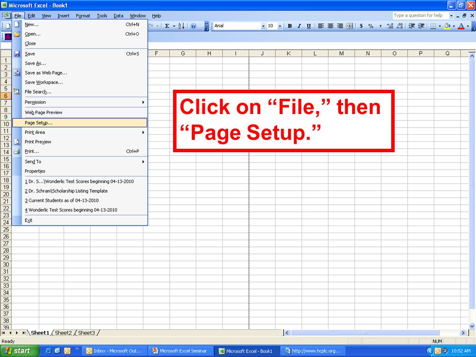 Click on File, then Page Setup.