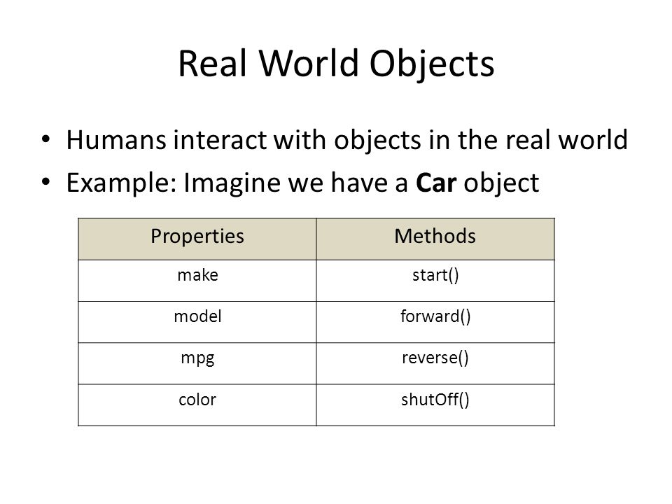 Real World Objects Humans interact with objects in the real world Example: Imagine we have a Car object PropertiesMethods makestart() modelforward() mpgreverse() colorshutOff()