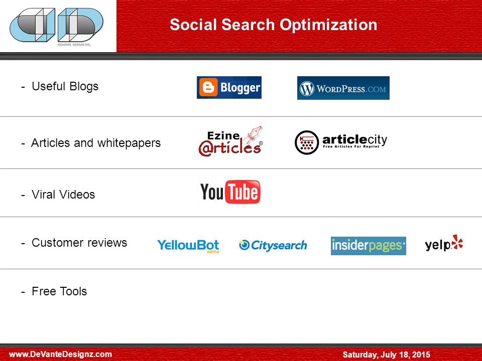 Saturday, July 18, 2015 Social Search Optimization - Useful Blogs - Articles and whitepapers - Viral Videos - Customer reviews - Free Tools