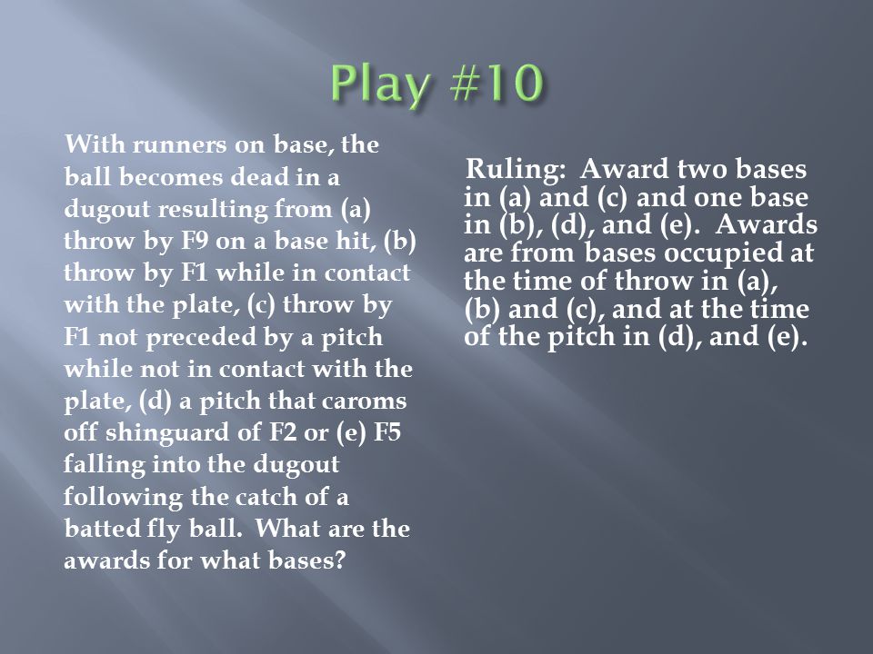 With runners on base, the ball becomes dead in a dugout resulting from (a) throw by F9 on a base hit, (b) throw by F1 while in contact with the plate, (c) throw by F1 not preceded by a pitch while not in contact with the plate, (d) a pitch that caroms off shinguard of F2 or (e) F5 falling into the dugout following the catch of a batted fly ball.