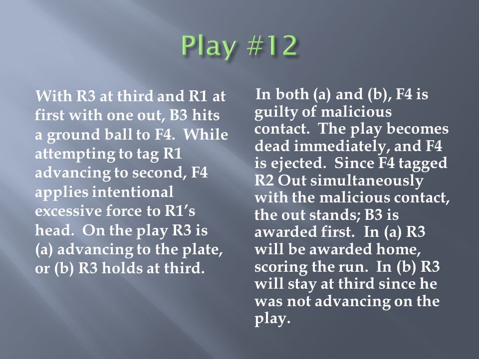 With R3 at third and R1 at first with one out, B3 hits a ground ball to F4.