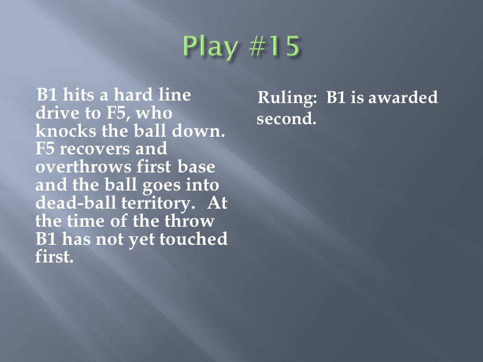 B1 hits a hard line drive to F5, who knocks the ball down.