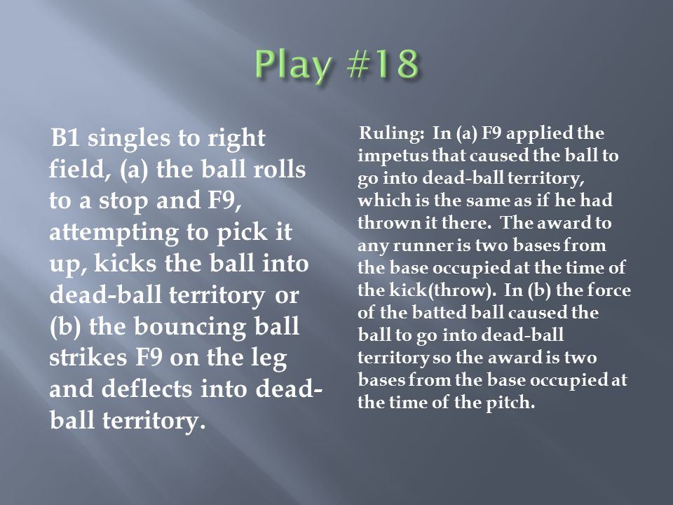 B1 singles to right field, (a) the ball rolls to a stop and F9, attempting to pick it up, kicks the ball into dead-ball territory or (b) the bouncing ball strikes F9 on the leg and deflects into dead- ball territory.