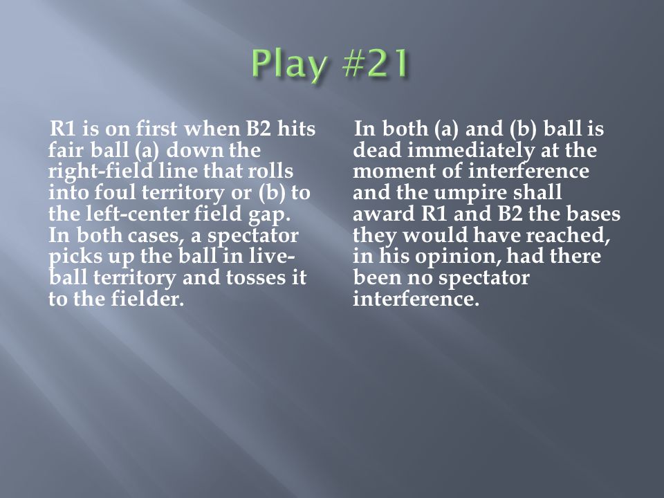 R1 is on first when B2 hits fair ball (a) down the right-field line that rolls into foul territory or (b) to the left-center field gap.