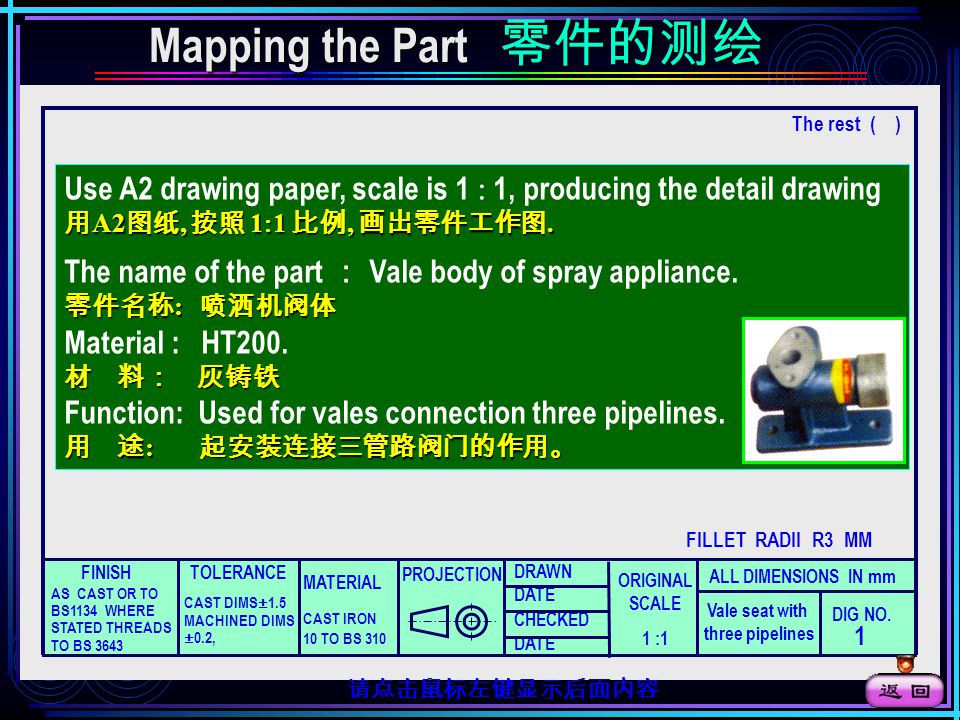 The rest 其余 （ ） Notes 技术要求 请点击鼠标左键显示后面内容 Mapping the Part 零件的测绘 Use A2 drawing paper, scale is 1  1, producing the detail drawing 用 A2 图纸, 按照 1  1 比例, 画出零件工作图.