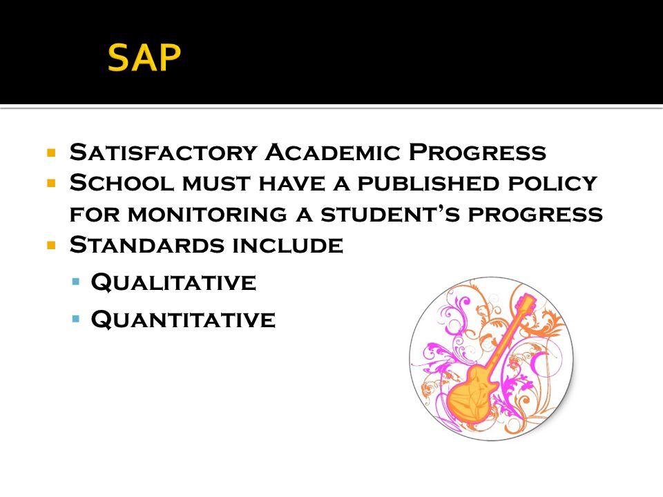 SSatisfactory Academic Progress SSchool must have a published policy for monitoring a student’s progress SStandards include QQualitative QQuantitative