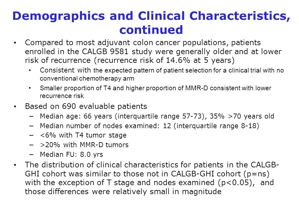 Demographics and Clinical Characteristics, continued Compared to most adjuvant colon cancer populations, patients enrolled in the CALGB 9581 study were generally older and at lower risk of recurrence (recurrence risk of 14.6% at 5 years) Consistent with the expected pattern of patient selection for a clinical trial with no conventional chemotherapy arm Smaller proportion of T4 and higher proportion of MMR-D consistent with lower recurrence risk Based on 690 evaluable patients −Median age: 66 years (interquartile range 57-73), 35% >70 years old −Median number of nodes examined: 12 (interquartile range 8-18) −<6% with T4 tumor stage −>20% with MMR-D tumors −Median FU: 8.0 yrs The distribution of clinical characteristics for patients in the CALGB- GHI cohort was similar to those not in CALGB-GHI cohort (p=ns) with the exception of T stage and nodes examined (p<0.05), and those differences were relatively small in magnitude