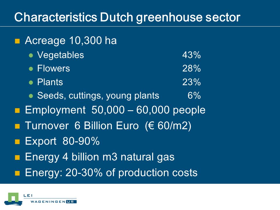 Characteristics Dutch greenhouse sector Acreage 10,300 ha Vegetables 43% Flowers 28% Plants 23% Seeds, cuttings, young plants 6% Employment 50,000 – 60,000 people Turnover 6 Billion Euro (€ 60/m2) Export 80-90% Energy 4 billion m3 natural gas Energy: 20-30% of production costs