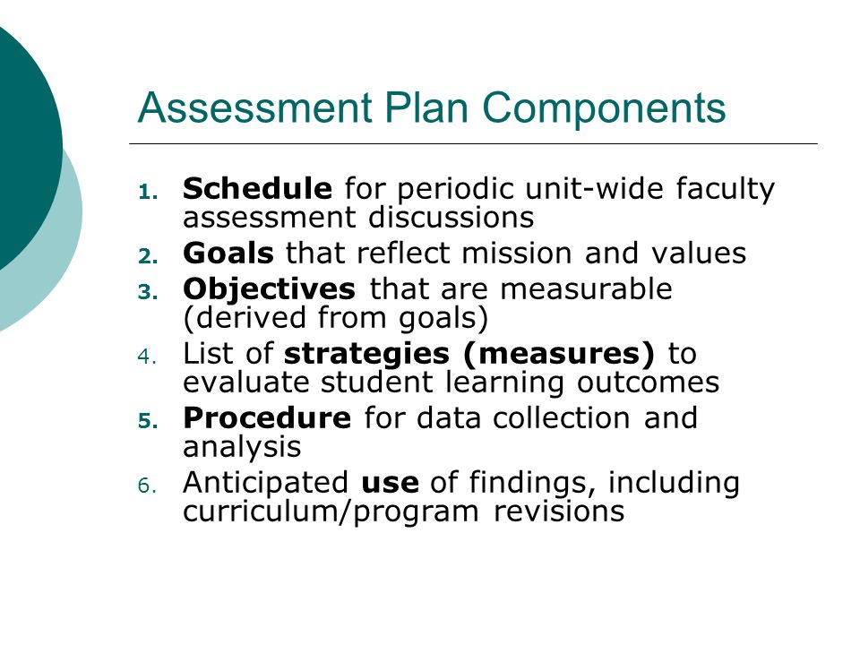 Assessment Plan Components 1. Schedule for periodic unit-wide faculty assessment discussions 2.
