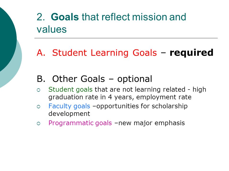 2. Goals that reflect mission and values A. Student Learning Goals – required B.
