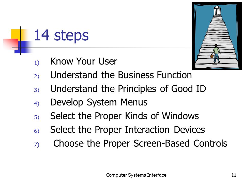 14 steps 1) Know Your User 2) Understand the Business Function 3) Understand the Principles of Good ID 4) Develop System Menus 5) Select the Proper Kinds of Windows 6) Select the Proper Interaction Devices 7) Choose the Proper Screen-Based Controls 11Computer Systems Interface