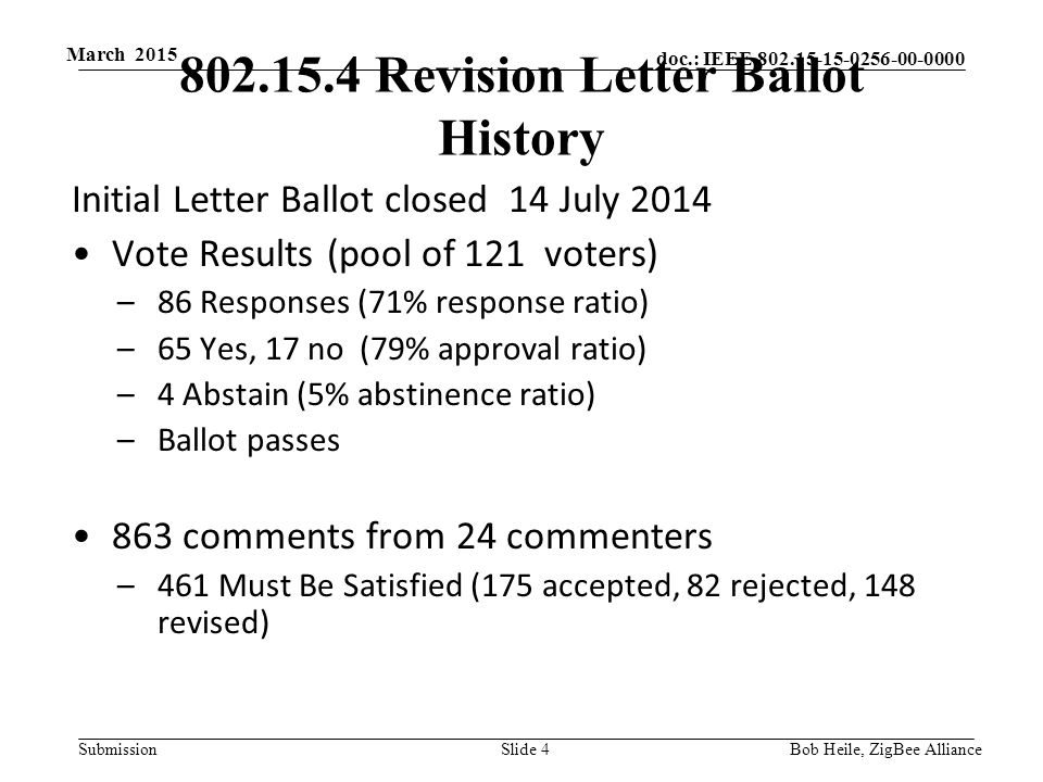 doc.: IEEE Submission March 2015 Bob Heile, ZigBee Alliance Revision Letter Ballot History Initial Letter Ballot closed 14 July 2014 Vote Results (pool of 121 voters) –86 Responses (71% response ratio) –65 Yes, 17 no (79% approval ratio) –4 Abstain (5% abstinence ratio) –Ballot passes 863 comments from 24 commenters –461 Must Be Satisfied (175 accepted, 82 rejected, 148 revised) Slide 4