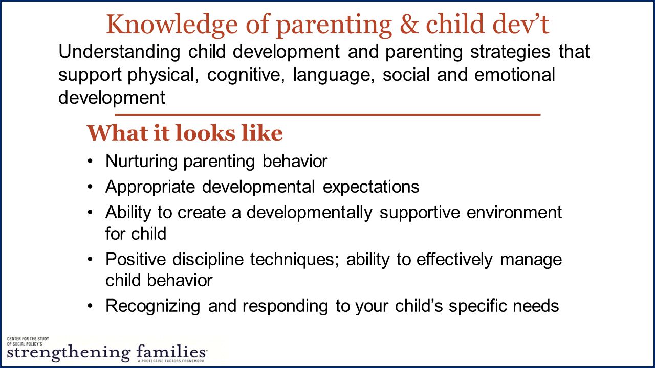Knowledge of parenting & child dev’t What it looks like Nurturing parenting behavior Appropriate developmental expectations Ability to create a developmentally supportive environment for child Positive discipline techniques; ability to effectively manage child behavior Recognizing and responding to your child’s specific needs Understanding child development and parenting strategies that support physical, cognitive, language, social and emotional development