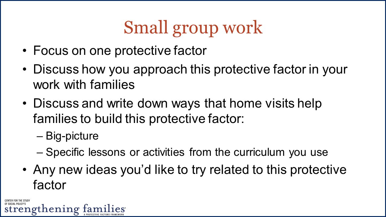 Small group work Focus on one protective factor Discuss how you approach this protective factor in your work with families Discuss and write down ways that home visits help families to build this protective factor: –Big-picture –Specific lessons or activities from the curriculum you use Any new ideas you’d like to try related to this protective factor